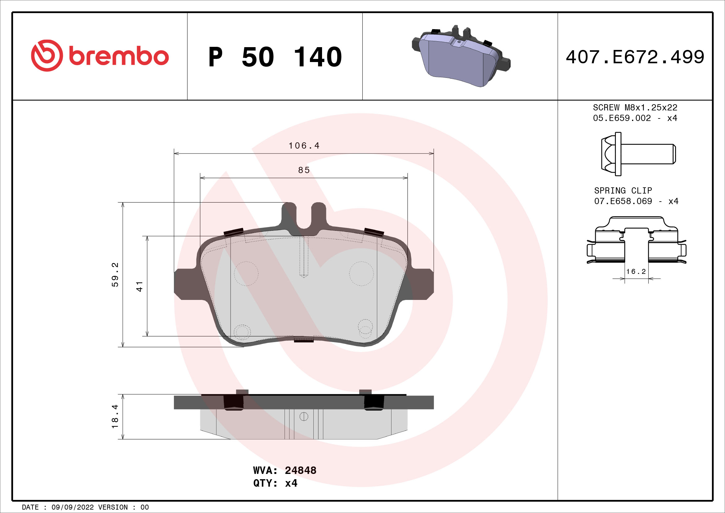 A.B.S. P 50 140 BREMBO Bremsbelagsatz, Scheibenbremse